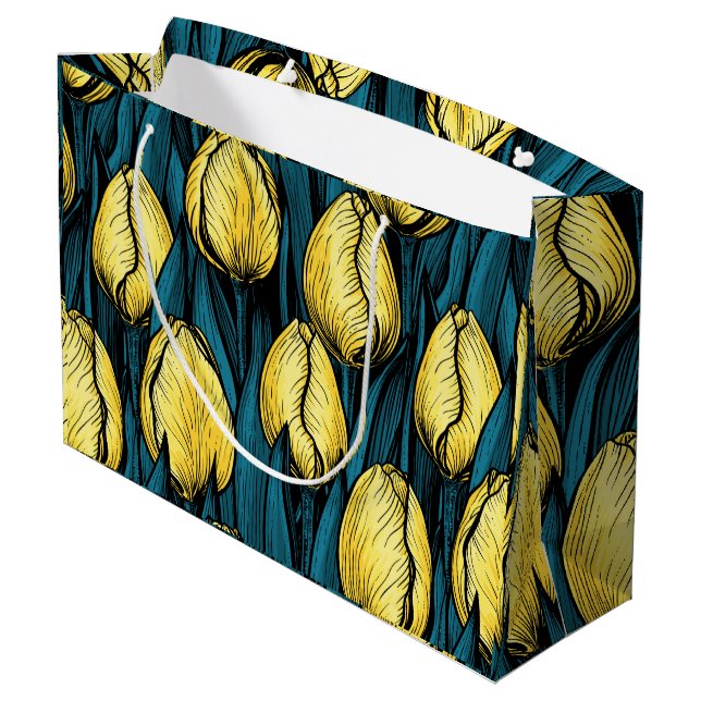 Yellow tulips with blue leaves large gift bag (Back Angled)