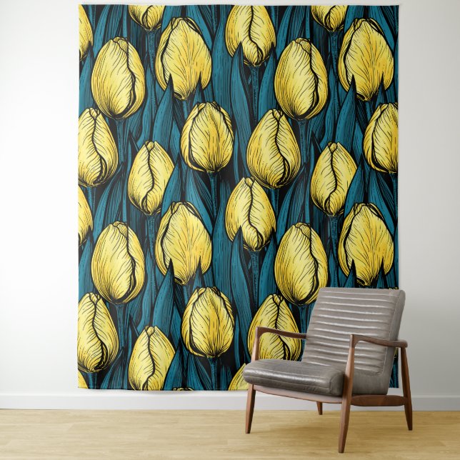 Yellow tulips with blue leaves tapestry (In Situ)