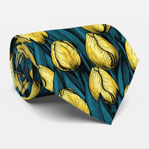 Yellow tulips with blue leaves tie