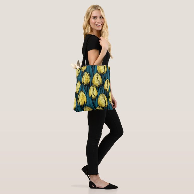 Yellow tulips with blue leaves tote bag (On Model)
