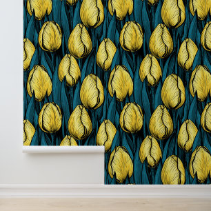 Yellow tulips with blue leaves wallpaper