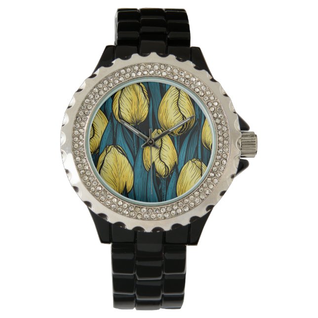 Yellow tulips with blue leaves watch (Front)