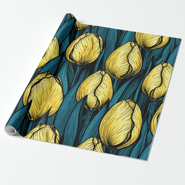 Yellow tulips with blue leaves wrapping paper (Unrolled)