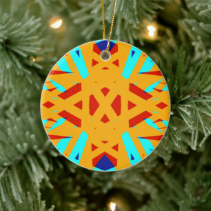 Yellow Turquoise Blue Geometric Art Deco Festive Ceramic Tree Decoration