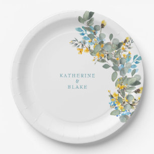 Yellow & Turquoise Eucalyptus Names Wedding Paper Plate