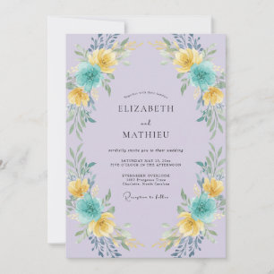 Yellow Turquoise Lilac Wreath Wedding Invitation