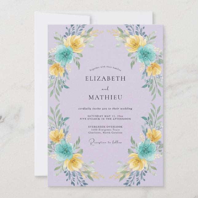 Yellow Turquoise Lilac Wreath Wedding Invitation (Front)