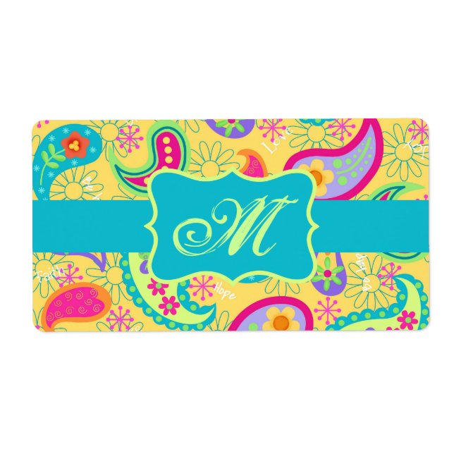 Yellow Turquoise Modern Pasley Pattern Monogram (Front)
