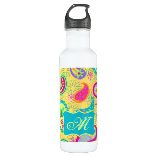 Yellow Turquoise Modern Pasley Pattern Monogram 710 Ml Water Bottle