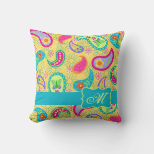 Yellow Turquoise Modern Pasley Pattern Monogram Cushion