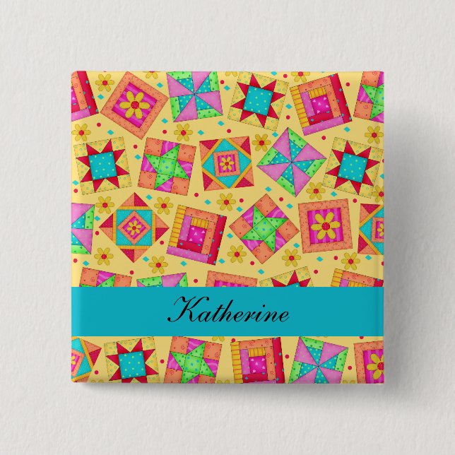 Yellow Turquoise Patchwork Quilt Blocks Name Badge (Front)