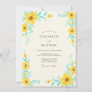 Yellow Turquoise Sunflower Eucalyptus Wedding Invitation