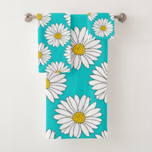 Yellow Turquoise White Daisy Pattern Bath Towel Set