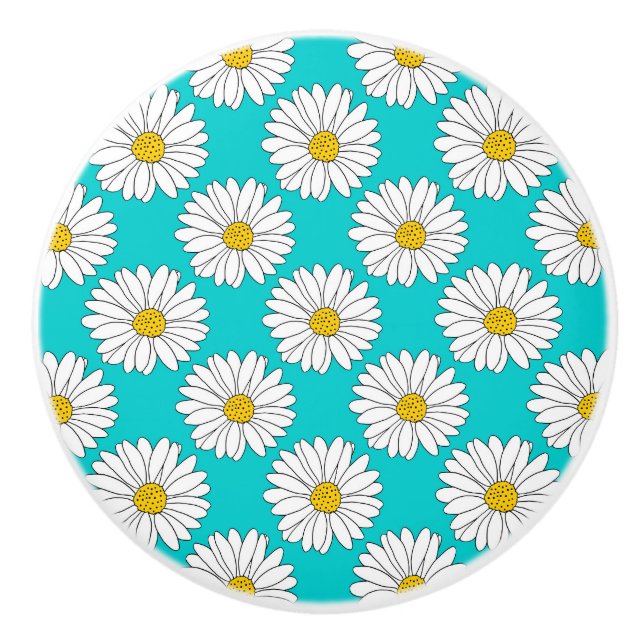 Yellow Turquoise White Daisy Pattern Ceramic Knob (Front)