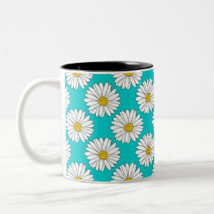Yellow Turquoise White Daisy Pattern Two-Tone Coffee Mug