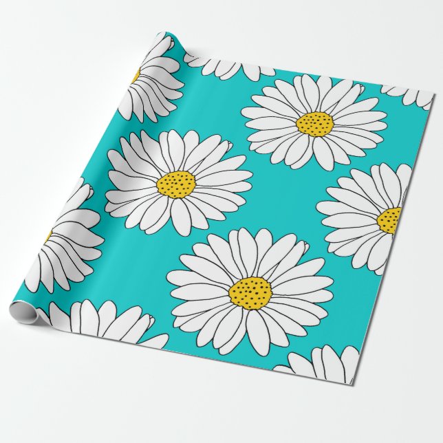 Yellow Turquoise White Daisy Pattern Wrapping Paper (Unrolled)