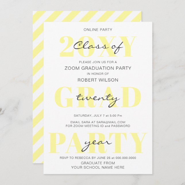 Yellow Typography Modern Online Graduation Party Invitation (Front/Back)