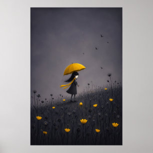 Yellow Umbrella Dark Whimsical Floral Poster