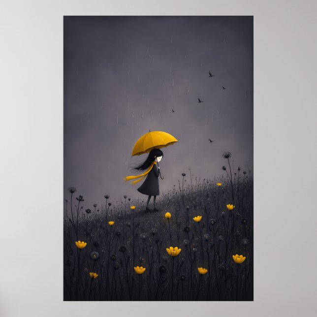 Yellow Umbrella Dark Whimsical Floral Poster (Front)