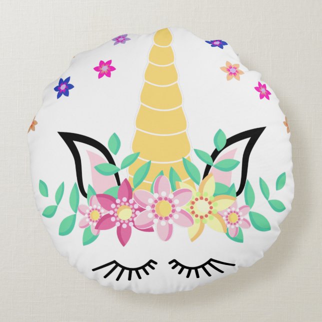 Yellow Unicorn Flower Print Round Pillow (Back)