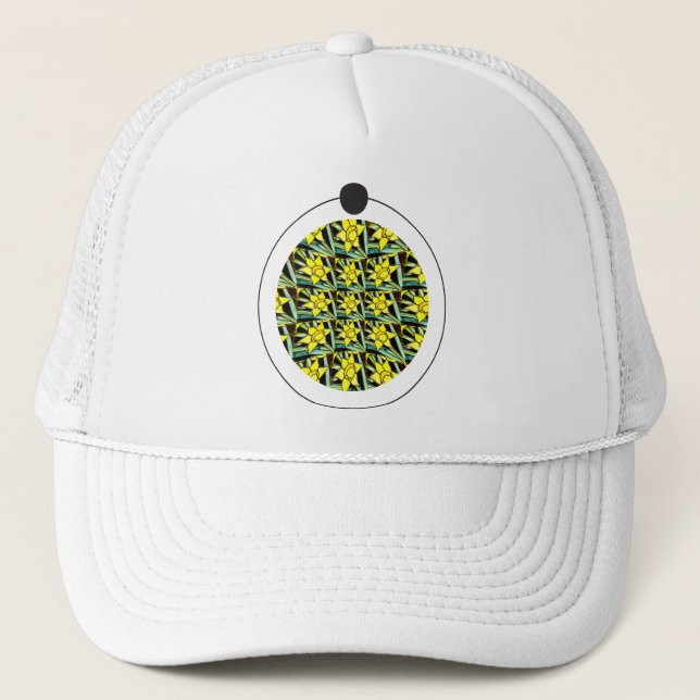Yellow Valuable Flowers Pattern Trucker Hat (Front)