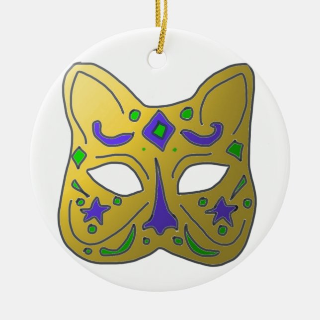 Yellow  Venetian Cat Mask Design   Ceramic Tree Decoration (Front)