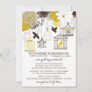Yellow Vintage Birdcages Floral Wedding Invitation