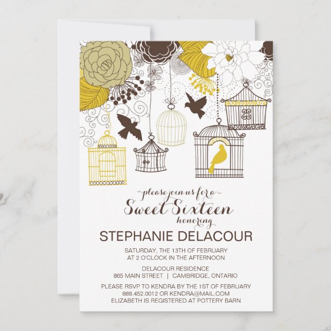 Yellow Vintage Birdcages Sweet Sixteen Invitation (Front)