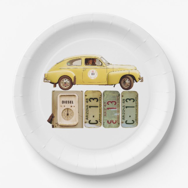 Yellow Vintage Car Paper Plate (Front)