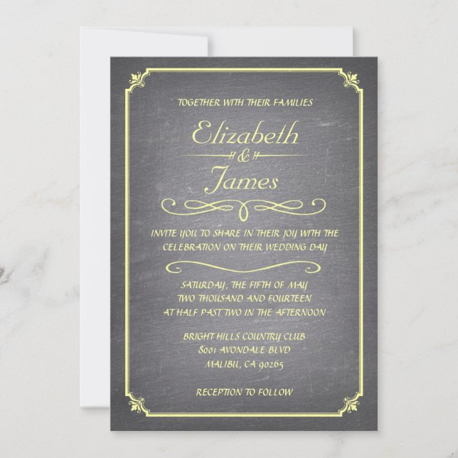 Yellow Vintage Chalkboard Wedding Invitations (Front)