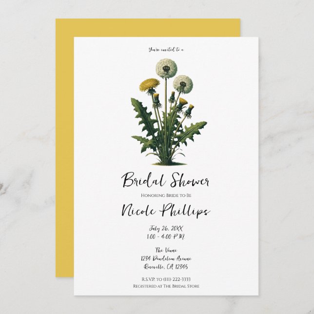 Yellow Vintage Dandelion Flowers Bridal Shower  Invitation (Front/Back)
