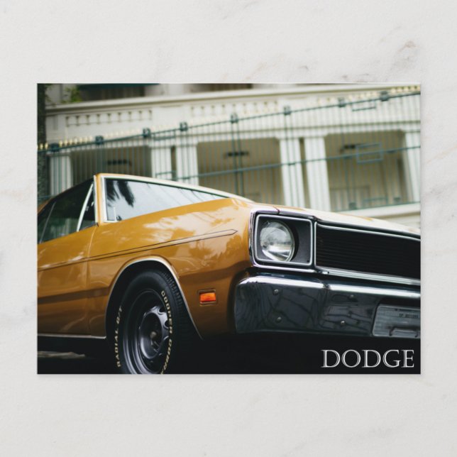yellow vintage dodge car postcard (Front)