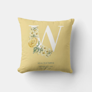 Yellow Vintage Flowers Initial Baby Birth Stats Cushion