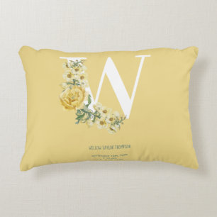 Yellow Vintage Flowers Initial Baby Birth Stats Decorative Cushion