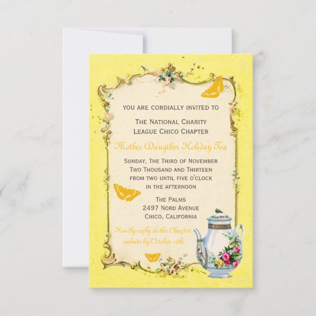 Yellow Vintage French Holiday Tea Party RSVP Card (Front)