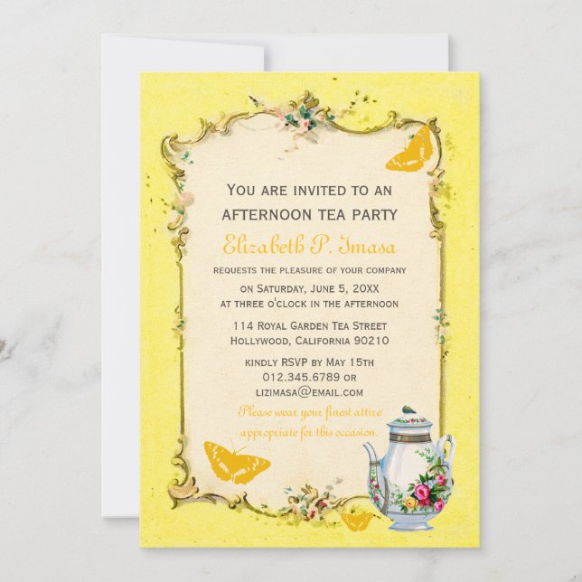Yellow Vintage French Tea Party Invitation (Front)
