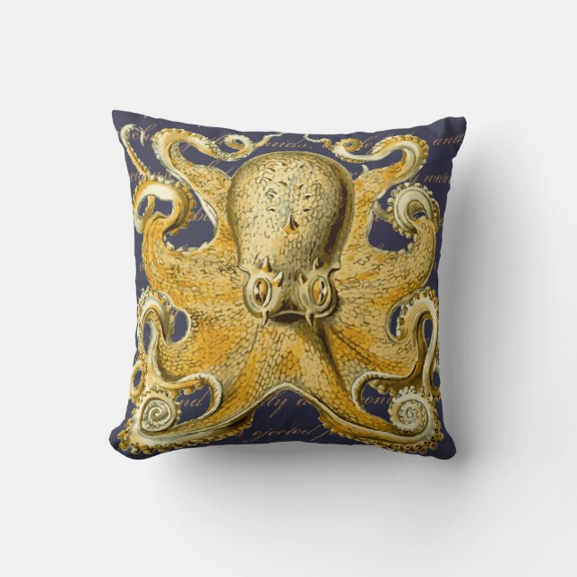Yellow Vintage Sea Creature Octopus Nautical Cushion (Front)