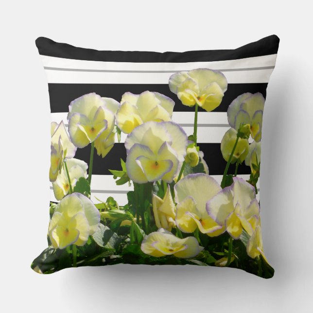 Yellow Violas Over Black And White Stripes Pillow (Front)