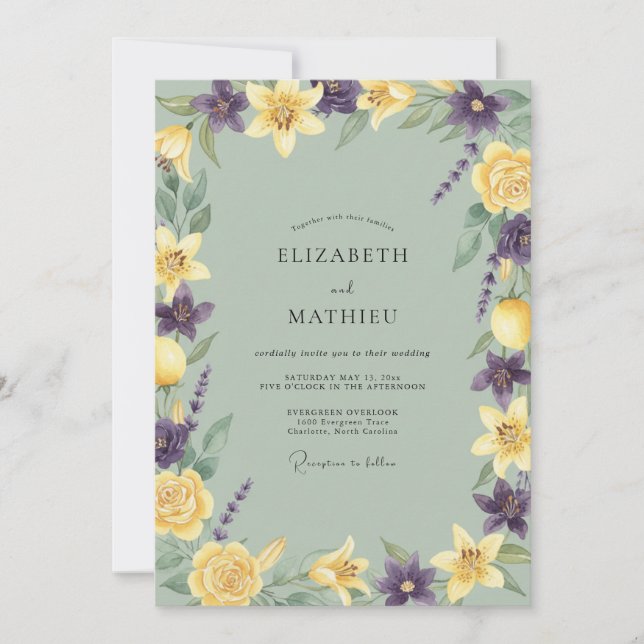 Yellow Violet Petal Wedding Invitation (Front)