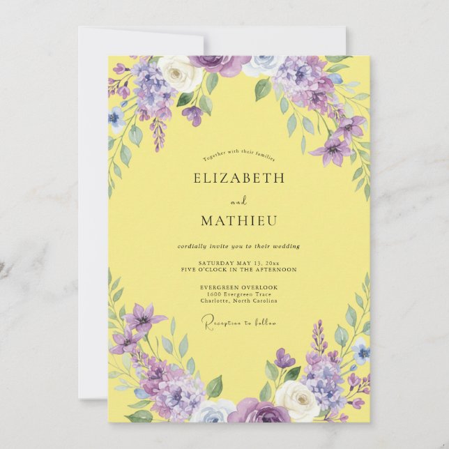 Yellow Violet Watercolor Wedding Invitation (Front)