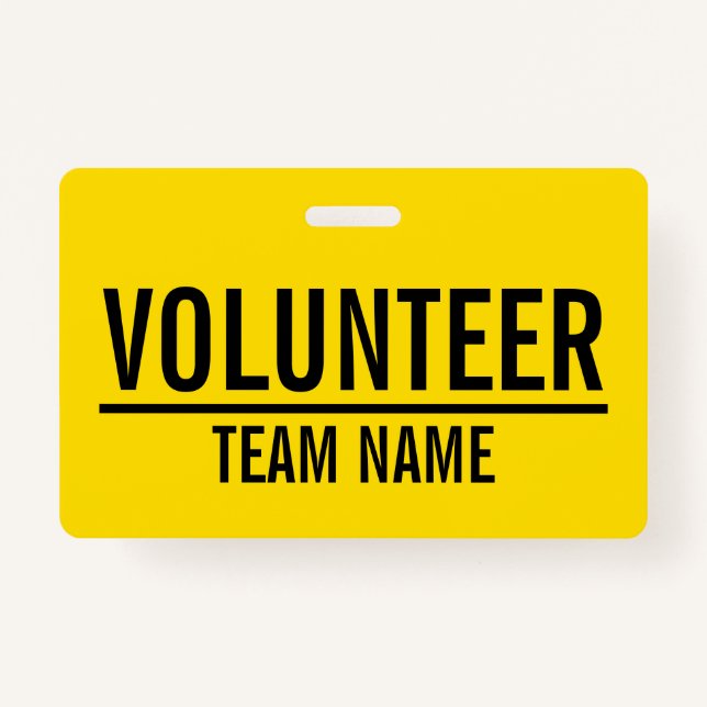 Yellow Volunteer Badge with Custom Team Name ID Badge (Front)