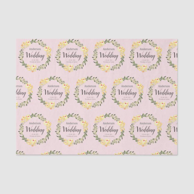 Yellow W/C Flowers Names & Date Blush Pink Wedding Tissue Paper (Front)