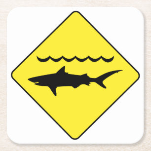 Yellow 'warning sharks' sign coaster
