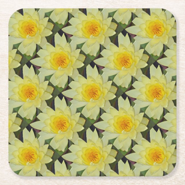 Yellow water lily flower square paper coaster (Front)