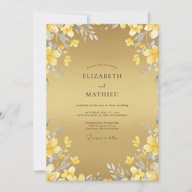 Yellow Watercolor Botanical Wedding Invitation (Front)