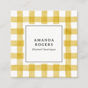 Yellow Watercolor Buffalo Plaid QR CODE modern Square Business Card