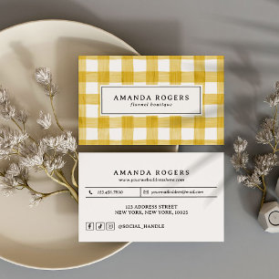 Yellow Watercolor Buffalo Plaid QR SOCIAL HANDLE Business Card