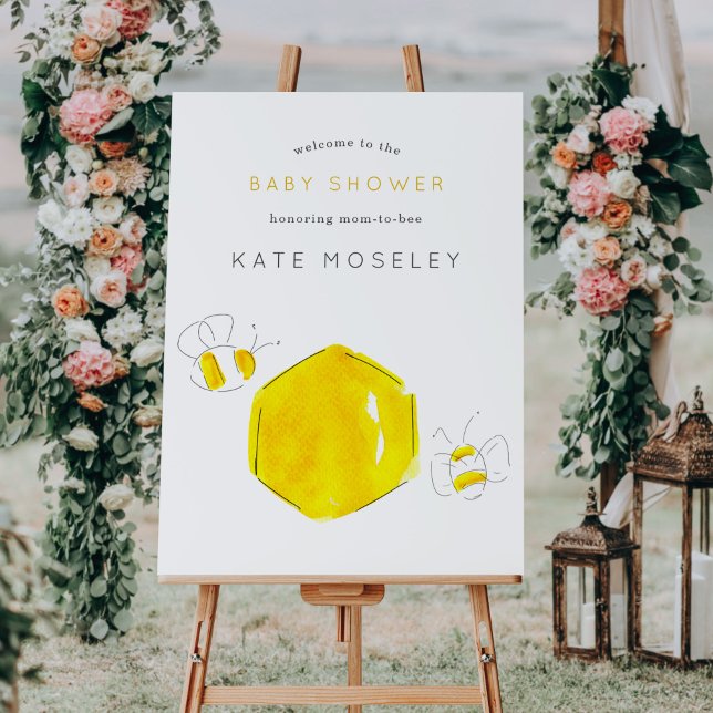 Yellow Watercolor Bumble Bee Baby Shower Welcome Poster (Watercolor buzzing bees honeycomb Baby Shower welcome poster sign.)