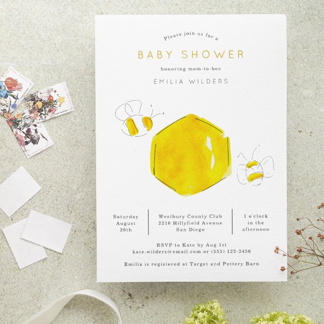 Yellow Watercolor Bumble Bee Hive Baby Shower Invitation (Creator Uploaded)