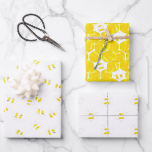 Yellow Watercolor Bumble Bee Honeycomb Baby Shower Wrapping Paper Sheet